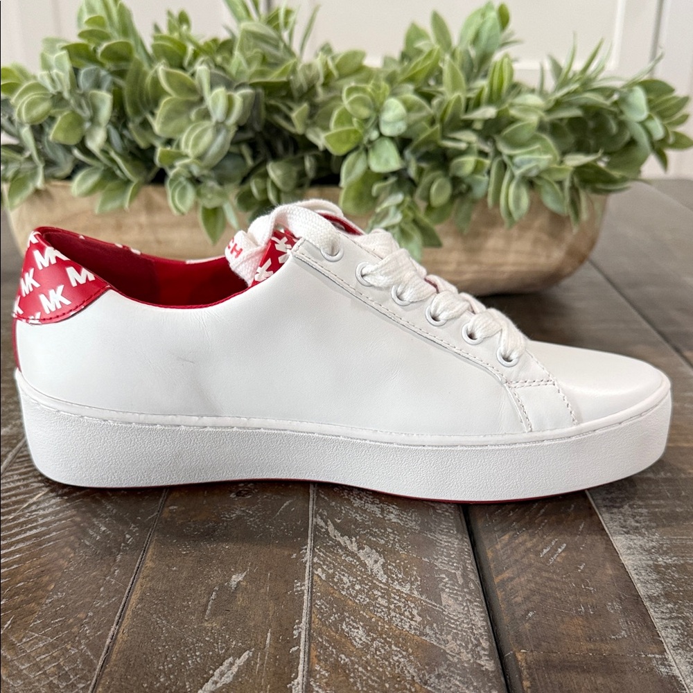 NWT Michael Kors Poppy Graphic Logo Leather Sneakers - White/Red - Size 7 1/2 - Picture 13 of 15